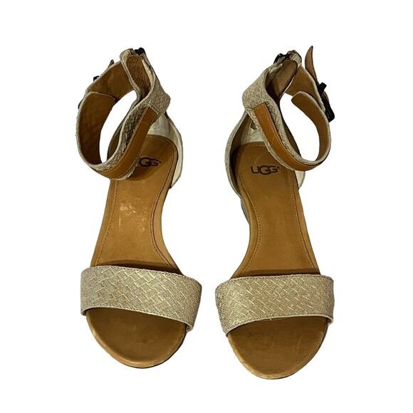 NEW UGG Char Wedge Ankle Sandals •6.5• Gold Beige Leather Woven - Picture 6 of 13
